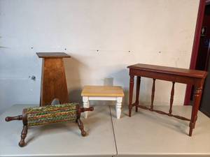 lot 75 image: Vintage Rolling Pin Footstool, Small Console Table, Wood Stool, and Plant StandTall Side Table - A