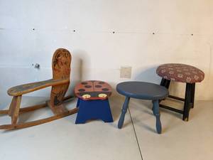 lot 77 image: Vintage Rocking Horse and Assorted Childrens Stools - A