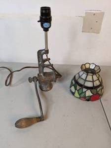 lot 80 image: Converted Meat Grinder Table Lamp with Tiffany-Style Shade - A