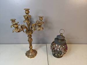 lot 68 image: Unique Candelabra and Glass Mosaic Lantern - A