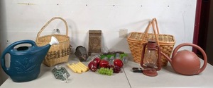 lot 215 image: Farmhouse Style Decor Lot Wicker Baskets, Faux Fruit, Lanterns, Candles and More - A