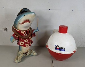 lot 177 image: The Big Bobber Floating Cooler and Hawaiian Shark Statue - A