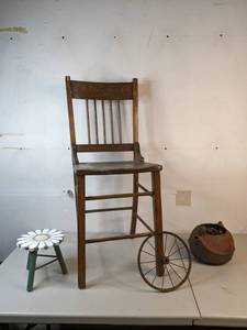 lot 226 image: Vintage Wooden Bar Chair, Wire Wheel, Old Tea KettlePlanter and Daisy Stool - A