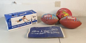 lot 232 image: Totinos Footballs, Hungry Jack Basketball, Bally Body Sculpting Bar and a Pillsbury Back to School Bag  A