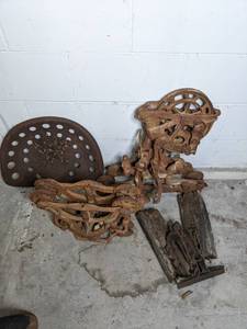 lot 157 image: Antique Lot Giant Sling, Tractor Seat, Unloader, & More - A