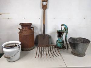 lot 165 image: Vintage Lot Milk Jug, Shovel, Pitcher Pump, & More - A