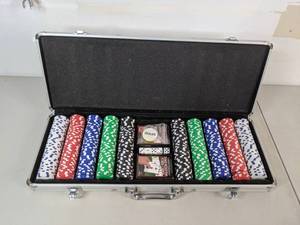 lot 239 image: Poker Set in Carrying Case Cards, Chips, Dice  B