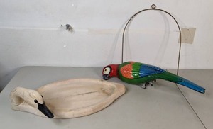 lot 293 image: French Broad River Decoy Company Wooden Bird Platter and Parrott with Swing Decor- C