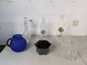 lot 265 image: Assorted Vintage Glass Lot - Hurricane Lamps, Vases, Decanter, Jug, Fenton Dish - B