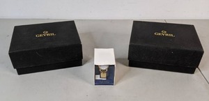 lot 271 image: Set of 2 Gorgeous Gevril Mahogany Jewelry Boxes and Sergio Valente Mens Gold Wristwatch - B