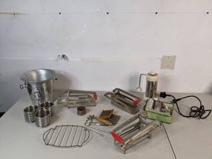 lot 258 image: Lot of Vintage Baking Supplies - French Fry Cutter, Velox Coffee Maker, Cookie Press, and more - B