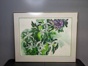 lot 402 image: Floral Watercolor Clematis Jackmanii Alba Signed Painting -  C