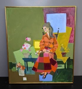 lot 405 image: Modern Oil Painting (Seated Woman) Signed By Artist Patty Bratnober  - C