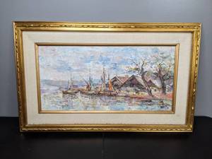 lot 414 image: Unsigned Impasto Painting of Village and Boats on a Waterside - D