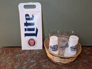 lot 722 image: Miller Lite Insulated Cooler-Wicker Basket-Pitchers-Tumblers - W