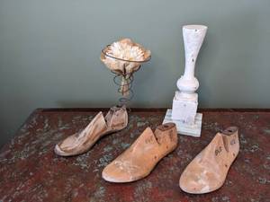 lot 704 image: Three Vintage Wooden Shoe Forms. One With Pretty Artificial Flowers - W
