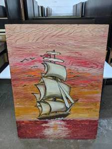 lot 504 image: Gorgeous Rustic Artwork Ship Sailing at Sunset on Wood 35x48 - E