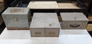 lot 512 image: Set of (3) Vintage Metal Patina Storage Lock Boxes - E