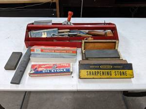 lot 549 image: Lot of Small Tools, Toolbox, and Woodworking Stones - E