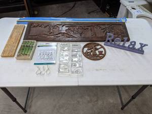 lot 555 image: Lot of Miscellaneous Items - Wall Decor, Glass Bamboo Picks, Cribbage Board, Lamp Pipe Thread, Decorative Lighting Prisms, and more - E