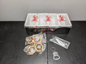 lot 125 image: Fireball Cinnamon Whiskey Fruit Tray & Beer Keychains Blue Moon & Crown Royal Fishing Lure - T