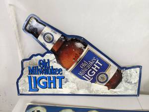 lot 45A image: Lot of 3 Tin Beer Signs Old Milwaukee Light, Budweiser, Miller Lite - N