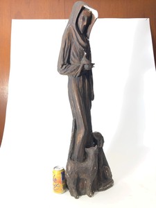 Large Vintage Signed Figural Hooded Sculpture wCat &amp Dog by Artist Jo Mead (AS IS)