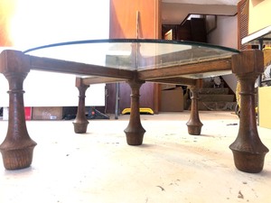 Vintage Mid Century Glass Top Round Coffee Table wCeramic Tile Decoration