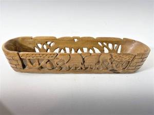 Carved Wooden Elephant, Basket &amp Faux Ivory Tusk
