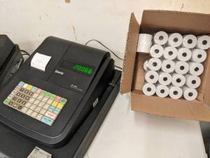 lot 01 image: Three Professional Electronic Cash Resisters and Register Tape-All in Working Condition