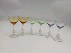 lot 57 image: 6 Gorgeous 6 Colored Yellow, Green, & Purple Wine Glasses