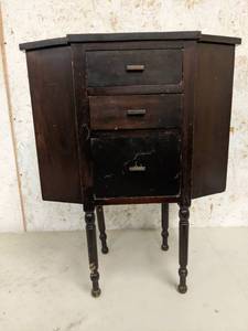 lot 95 image: 1930s Antique Martha Washington Walnut 3 Drawer Spool Sewing Cabinet Side Table Stand