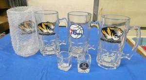 Four large beer mugs and 2 shot glasses, all new