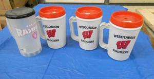 3 WI Badgers mugs with lids and one Oakland Raiders all new