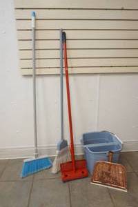 brooms, mop and dust pans