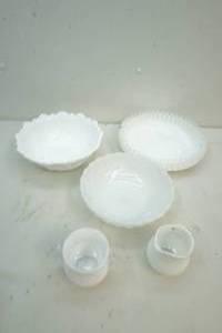 Ribbon dish and milk glass