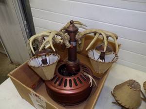 lot 151 image: Antler Chandelier, Wall Light and Ceiling Fan