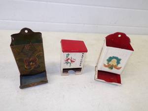 lot 24 image: 3 Vintage Metal Wall Hanging Match Holders