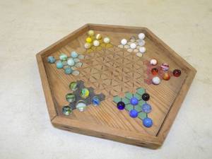 lot 42 image: Very Old Folk Art Chinese Checker Board with Vintage Marbles