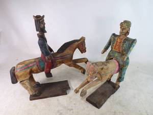 lot 70 image: Antique Super Cool Hand Carved Wooden Horses with Riders