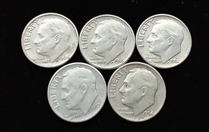 5 90% Silver Roosevelt Dimes
