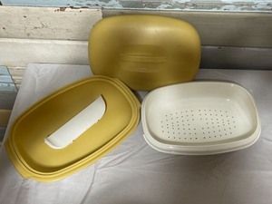 Variety of Tupperware - Vintage Tupperware 4 piece Veggieor Rice Steamer Harvest Gold, Tupperware SeasonServe container, 2 Vintage Jr. Cereal Storer, Microwave Breakfast Maker