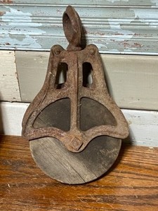 Antique Pully and Box of Miscellaneous