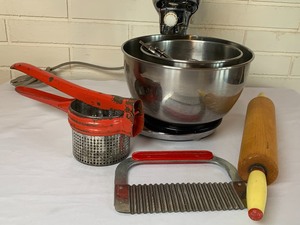 lot 50 image: Vintage Hamilton Beach Kitchen Mixer and Utensils