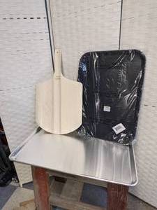 lot 156 image: Winco 18 x 26 Sheet Pan, New Star 16 x 22 Tray & New Star Wood Pizza Board