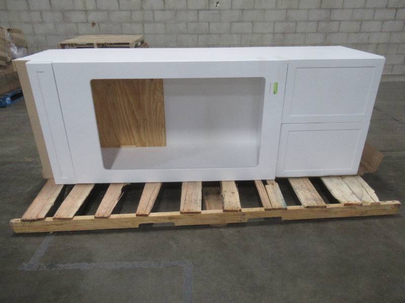 lot 401 image: Hampton Bay Shaker Assembled Kitchen Double Oven Cabinet in White, Approximate Dimensions 33 x 24 x 90 Tall. - Front Trim is loose.