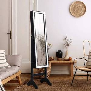 lot 407 image: Giantex Mirrored Jewelry Cabinet Armoire with Mirror wResin Diamond Design Standing Storage Organizer Box with Full-length Mirror, Black - Parts are loose, May be missing some screws, Missing key - Door will not close correctly, needs some work.
