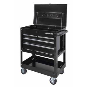 lot 319 image: Husky 33 in. 4-Drawer Mechanics Tool Cart, Black, HOUC3304B10 - Missing Pieces. Scratch and Dent.