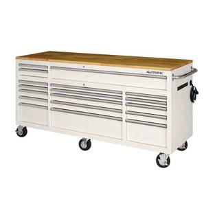 lot 425 image: Husky 72 in. 18-Drawer Mobile Workbench with Solid Wood Top in Gloss White, HOTC7218BJ1M - Dent on RH Bottom Backside Panel. (Does not affect functionality).