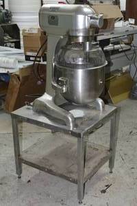 lot 1 image: Hobart A200 Commercial 20 qt Mixer with different attachments and stainless steel base table